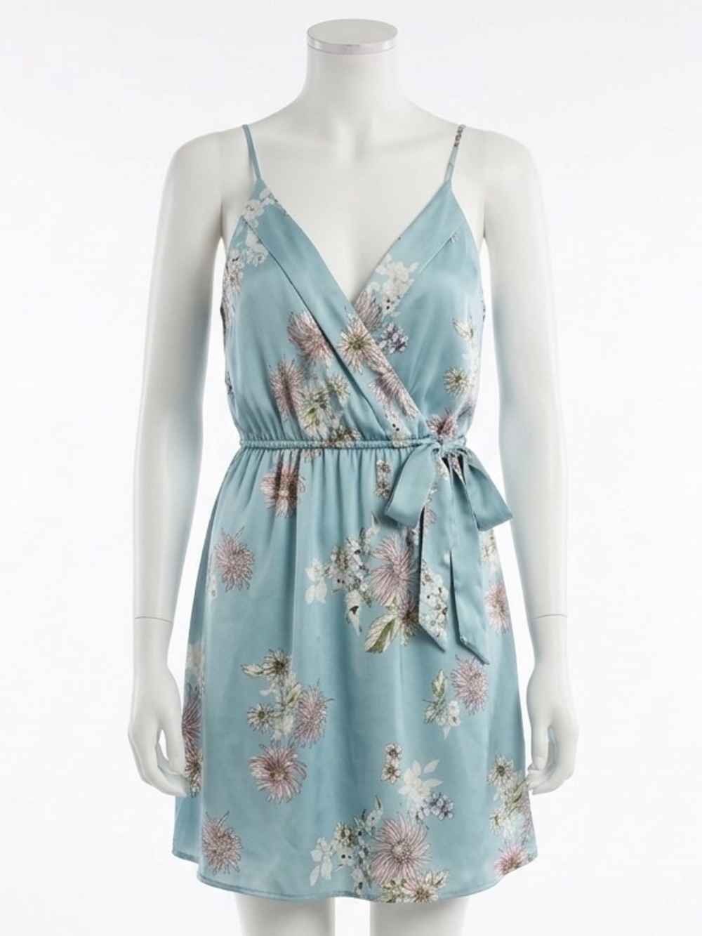 Monteau Light Blue Floral Satin Faux Wrap Mini Dress Tie Waist Women Size Large